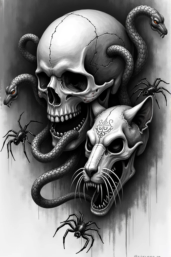 Draw a skull with vipers coming out of it, and a cat skull with spiders coming out of it in gothic tattoo style