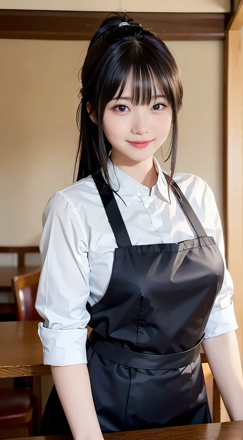 (Highest quality,masterpiece:1.3,Ultra-high resolution,),(Very detailed,Caustics),(Realistic:1.4,RAW shooting,)Ultra-Realistic Capture,Very detailed,High resolution 16K human skin closeup。 Natural skin texture、,pores、、、、It must be detailed enough to be easily identifiable。 Skin tone is even and healthy looking。 Use natural light and color,restaurant,Waitress Uniform,1 person,Japanese,18-year-old,cute,Black-haired,ponytail,Big Breasts,smile,Turn your body forward,(Front view:1.1),Looking into the camera,Cowboy Shot,