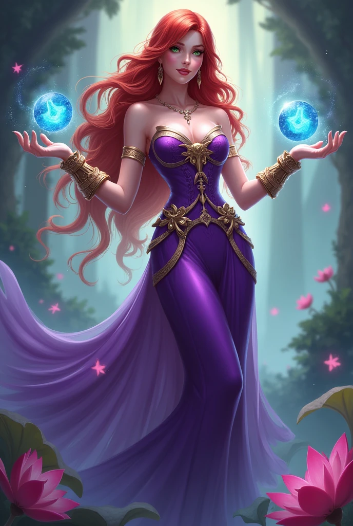 Guinevere, a princess who uses magic, is a soldier with wavy red hair, green eyes, A purple dress with some lotus flower details, And also a lotus flower bracelet on each wrist, Which also has a shiny crystal ball that contains the lotus flower inside, From the mobile game Mobile Legends, She is super vain and confident