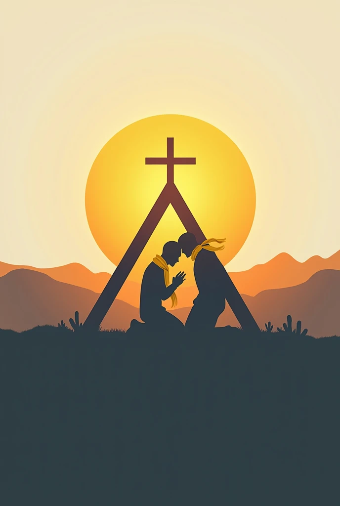 Create a logo of 1 Triangle that has a background landscape with a beautiful sun and a shadow of a cross and the shadow of a man worshipping the cross with a yellow scarf on his neck
