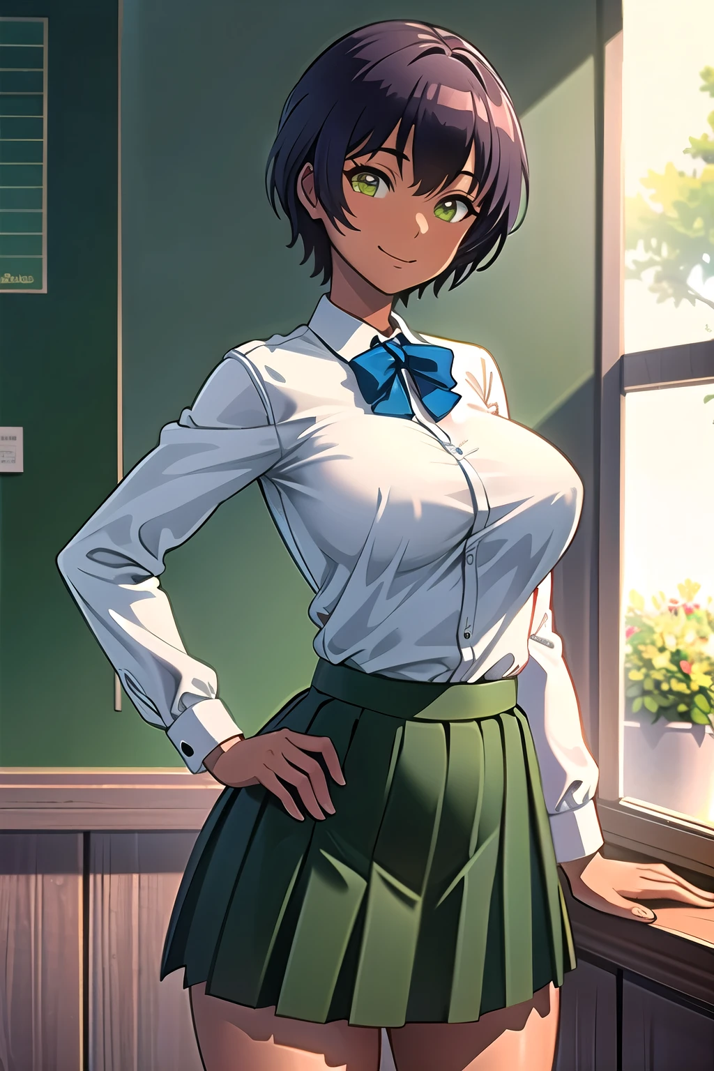 (masterpiece:1.3),(highly detailed:1.3),(highres:1.1),best quality,Ultra-detail,1girl,solo,tan,large breasts,school uniform,shirt,green skirt,looking at viewer,smile,hands on hips,