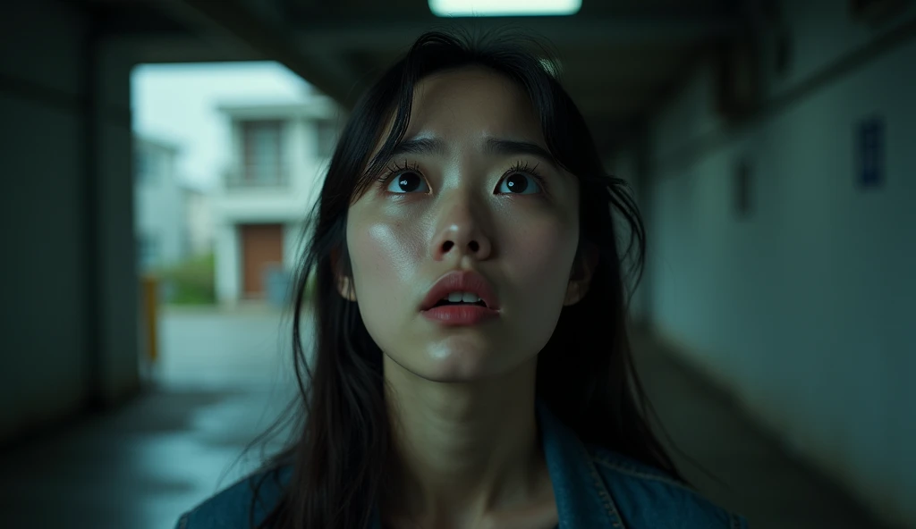 A bautiful Korean woman is crying in a car, looking up in panic, apartment parking garage, realistic lighting, cinematic style, daylight,