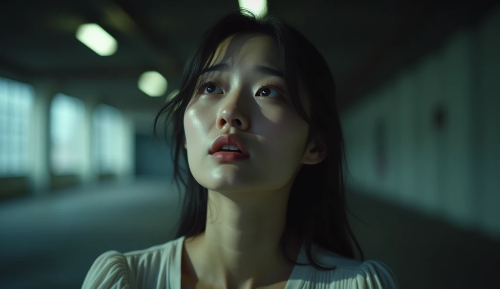 A bautiful Korean woman is crying in a car, looking up in panic, apartment parking garage, realistic lighting, cinematic style, daylight,