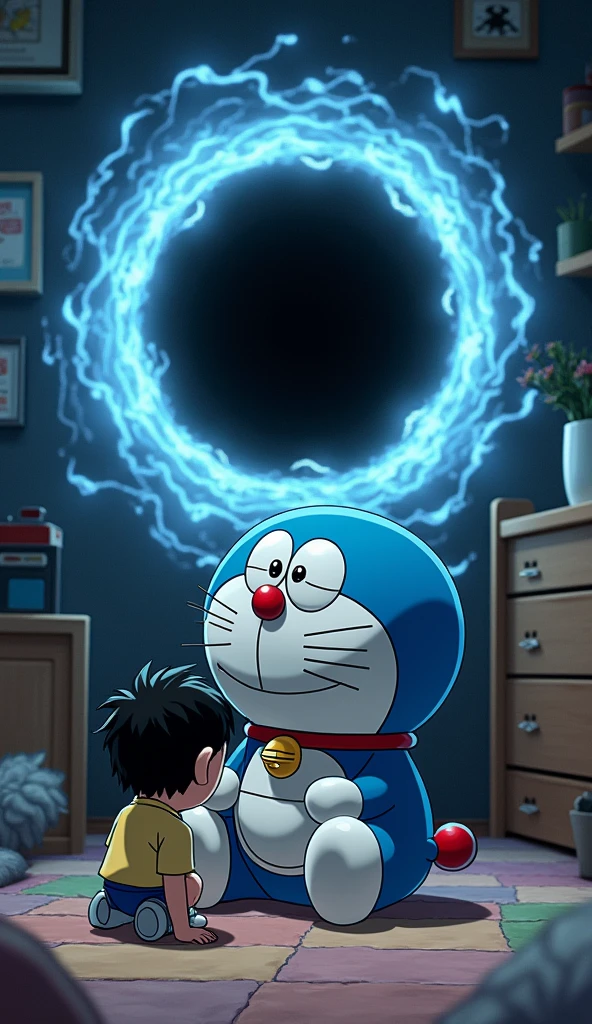 Doraemon is in Nobita's room, next to him is a black hole sucking Doraemon, Doraemon's face is blank
