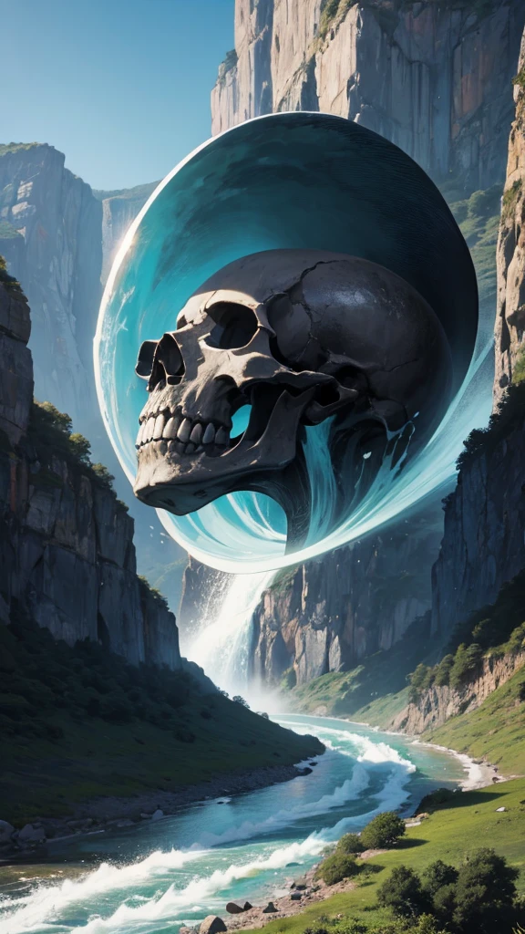 River flowing through a giant skull that is in a mountain