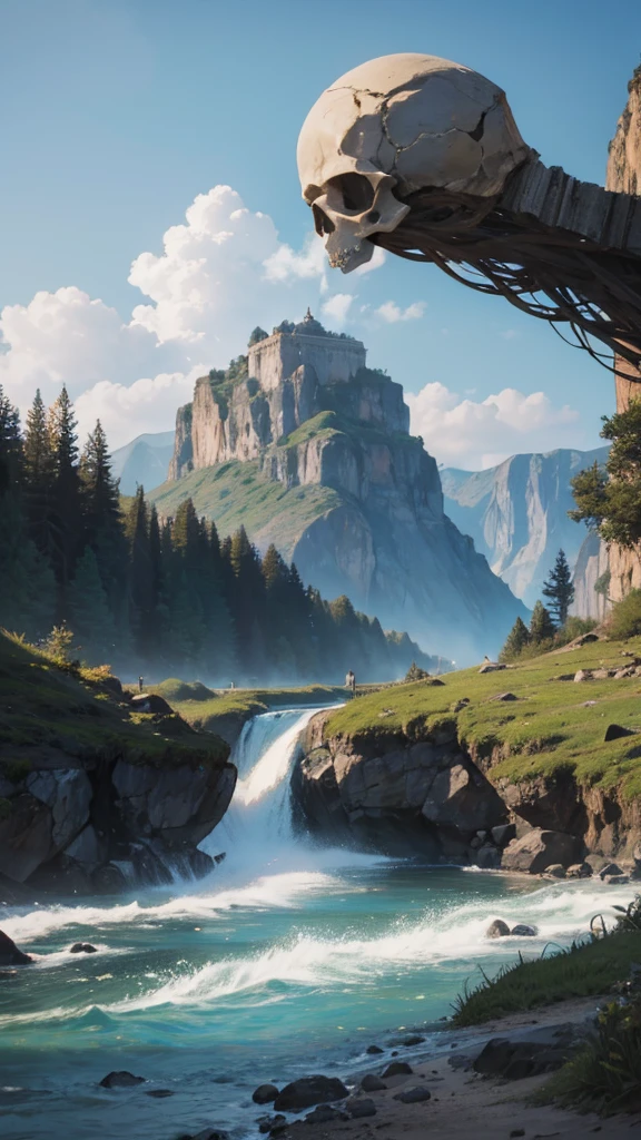 River flowing through a giant skull that is in a mountain
