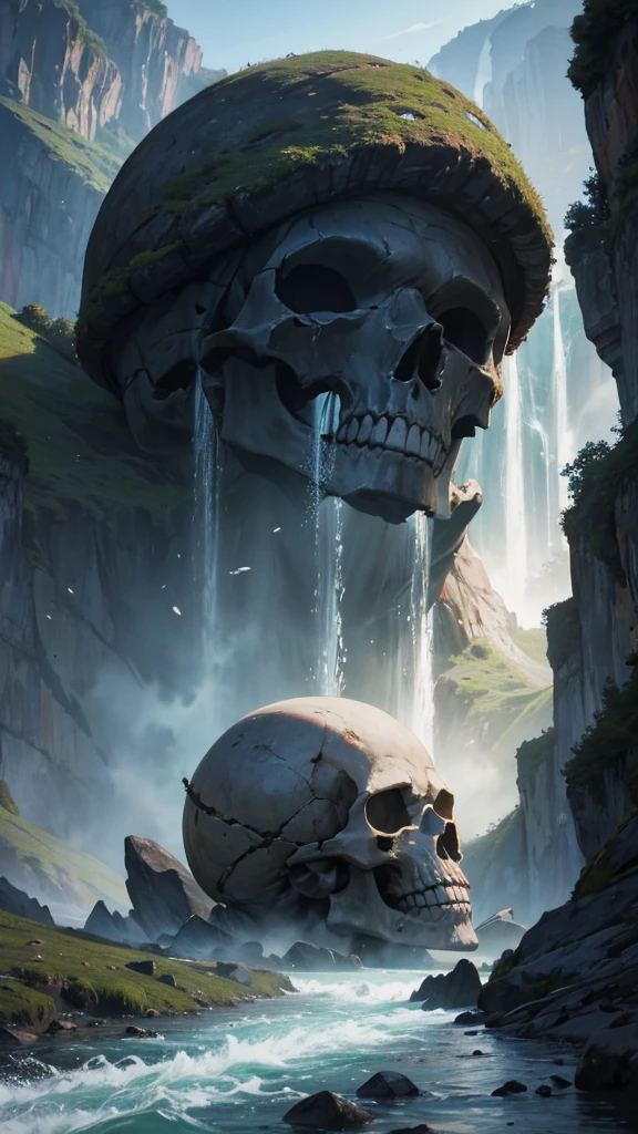 River flowing through a giant skull that is in a mountain