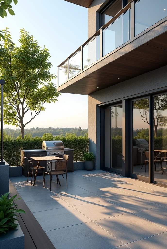 Balcony measuring 2 meters by 2 meters. With modern finishes and a grill in the corner, glass railings with stainless steel
