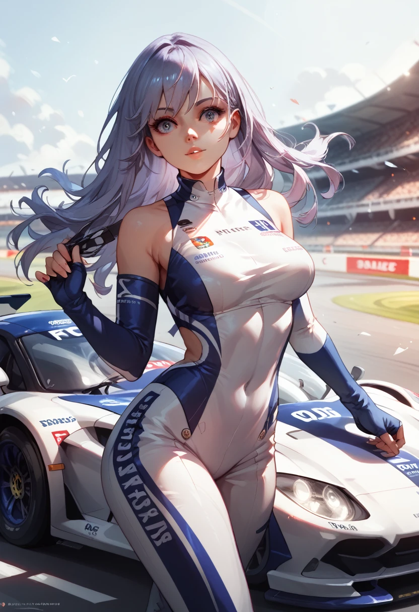 (best quality)(high resolution),A girl,Racing starter，,Stand in front of the race car，Black racing car，The background is a race track，race track background, Wear sexy racing suit,Sexy pose，Exposure thighovie lens