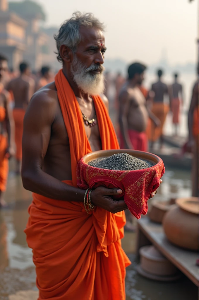 At varanasi ganga ghat ,Hindu pandit in gaura cloth doing asthi visarjan with mitti ka asthi medium size matka cover with red kalpda