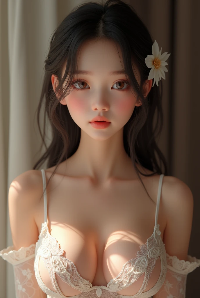 (1beautiful young girl), 18yo, kawaii, beautiful girl with beautiful details, extremely detailed eye and face, (See-through lace costume with cute details and wide open breasts:1.6), Bare shoulders, (Bare chest), Realistic, extremely detailed CG unified 8k wallpaper, ighly detailed, High-definition raw color photos, professional photograpy, Realistic portrait, Cinematic Light, Beautiful detailed, Blushing, Ashamed, (Realistic skin:1.2), (Best Quality:1.4), Super Detail, High quality, Indoor, depth of fields, 