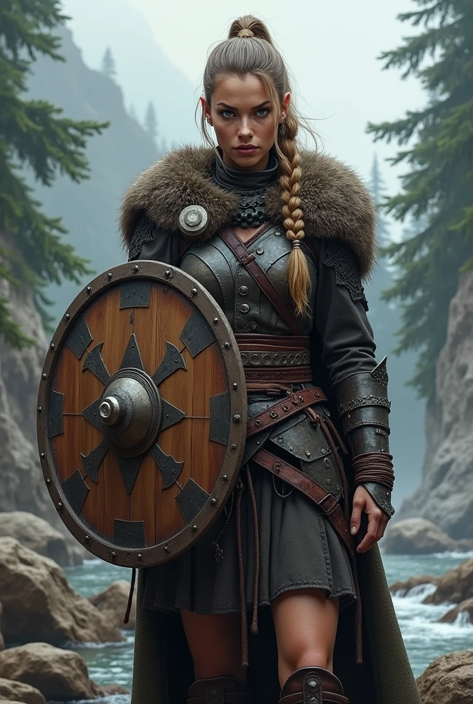 Female viking warrior with strong body and scar on left eye, holding a round wooden shield, rpg style