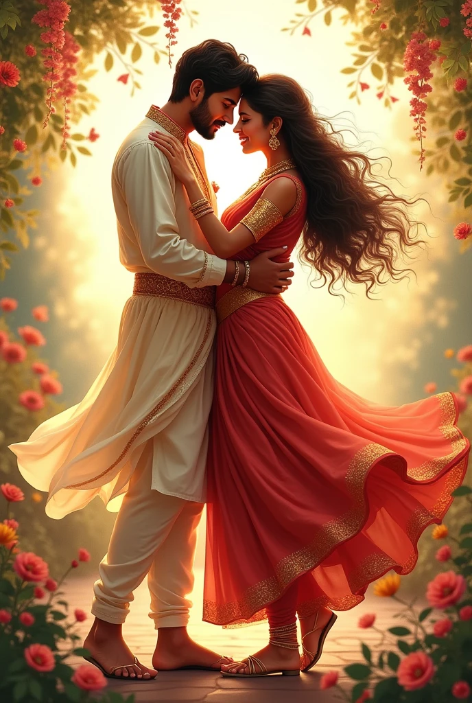 Beautiful southindian couples. Romantic dancing . Illustration image. Romantic look and smile