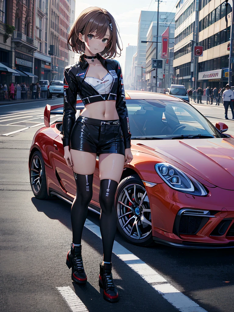 (Car Photography:1.5), Porsche, (flat chest:1.5), The background is a motor show, Race Queen, Misaka Mikoto, 1girl, black choker, uhd, retina, masterpiece, ccurate, anatomically correct, textured skin, super detail, high details, high quality, best quality, highres, 4K