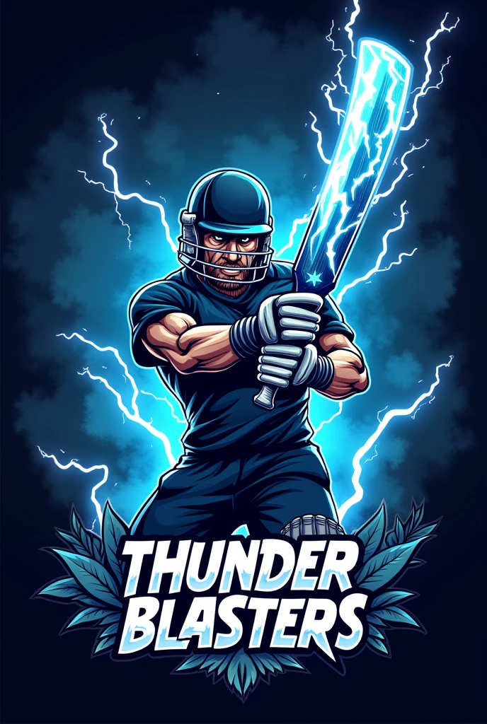 Thunder blaster cricket team logo. Under the logo, mention the slogan. Slogan "Unleas the storm, Blast the Victory"