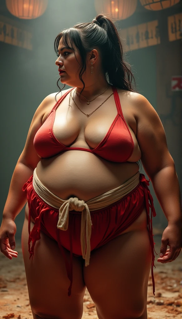 Realistic busty 40yo mature woman,(sumo wrestling:1.2),ultimate form,8k,lustful erotic obscene ,