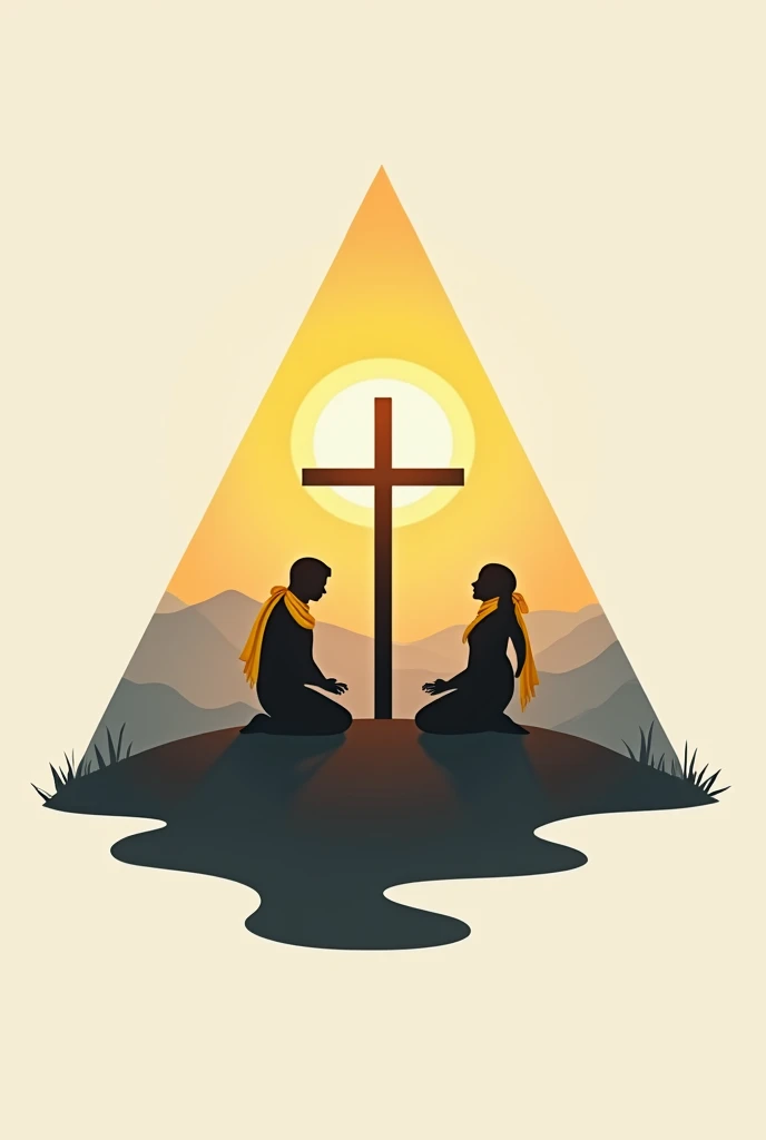 Create a logo of 1 Triangle that has a background landscape with a beautiful sun and a shadow of a cross and the shadow of a man worshipping the cross with a yellow scarf on his neck