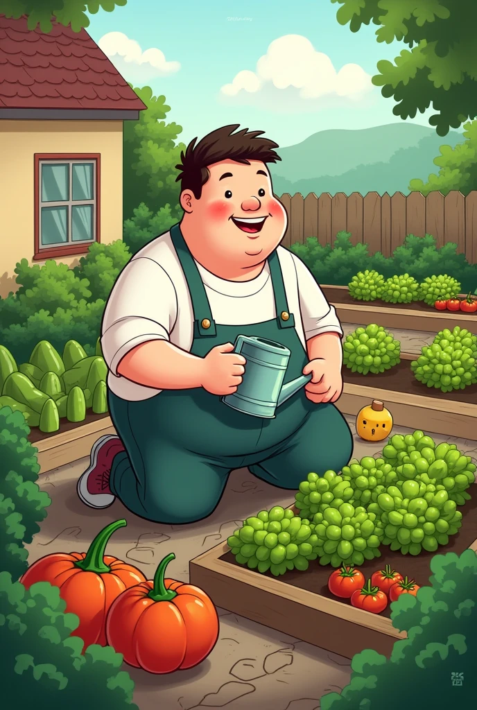 Create a 25 year old white guy, with black hair, short and fat, taking care of his vegetable garden at his place in cartoon.