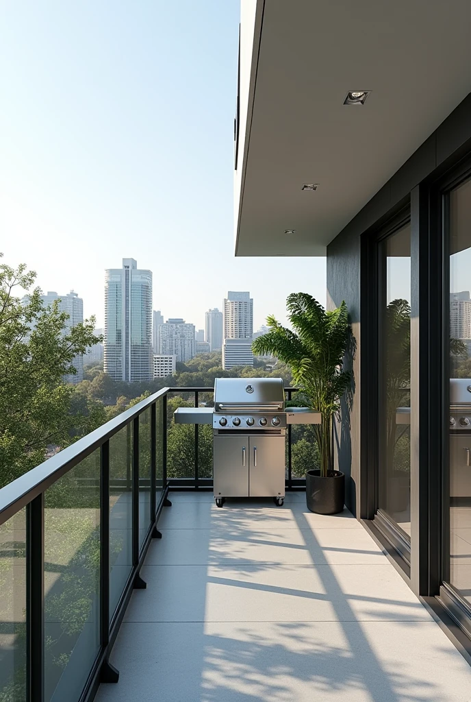 Balcony measuring 2 meters by 2 meters. With modern finishes and a grill in the corner, glass railings with stainless steel