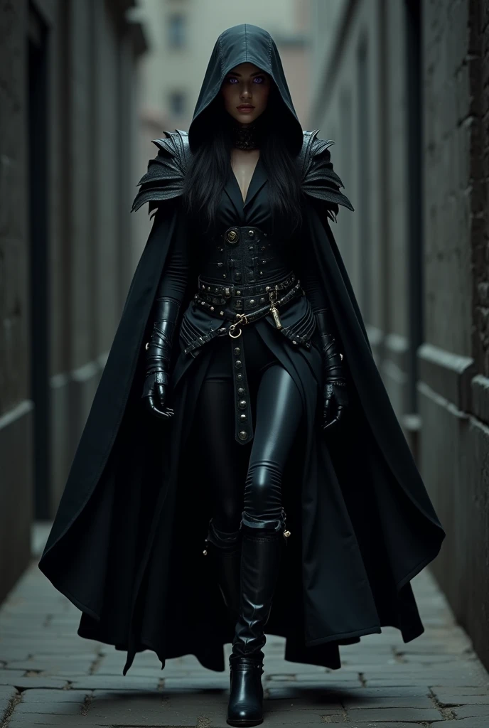 Dans l'ombre d'un couloir étroit, une silhouette se dévoile, aussi mystérieuse qu'intrigante. L'assassin, vraisemblablement une femme, est vêtue d'un ensemble qui allie élégance mortelle et fonctionnalité redoutable.
Sa tête est coiffée d'une capuche sombre et ample, dissimulant en partie son visage tout en laissant échapper de longues mèches de cheveux noirs qui dansent dans l'air comme des serpents d'ébène. Sous ce voile d'ombre, deux yeux percent l'obscurité, leur éclat violet trahissant une détermination sans faille.
Le corps est protégé par une armure de cuir noir, ajustée et articulée, permettant des mouvements fluides et silencieux. Des plaques métalliques renforcent stratégiquement les zones vitales, offrant une protection accrue sans compromettre l'agilité. Les épaules sont ornées de protections anguleuses, évoquant les ailes repliées d'un rapace nocturne.
Une série de sangles et de ceintures traversent le torse, servant à la fois d'ornement et de support pratique pour un arsenal varié. On y devine la présence de lames cachées, de fioles au contenu énigmatique, et d'autres outils du métier d'assassin.
Les jambes sont gainées de cuir souple mais résistant, parsemé de boucles et de lanières qui permettent de dissimuler davantage d'armes. Les bottes, montant jusqu'aux genoux, sont renforcées et munies de semelles silencieuses, idéales pour se faufiler dans l'ombre ou bondir sur une proie insouciante.
Un long manteau fendu complète la tenue, ses pans flottant comme des ailes sombres, prêts à envelopper leur propriétaire dans un linceul de nuit. L'ensemble dégage une aura de danger et de sophistication, parfaitement adapté à une vie passée dans l'ombre, à danser sur la fine lame entre la vie et la mort.