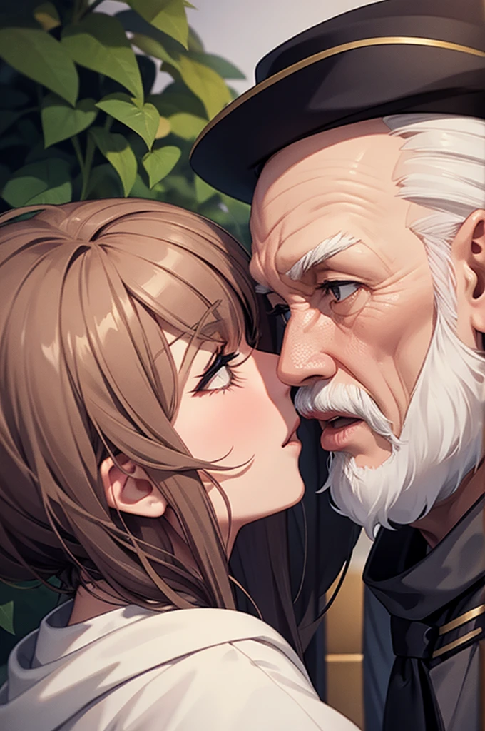 1girl, 1oldman, kiss