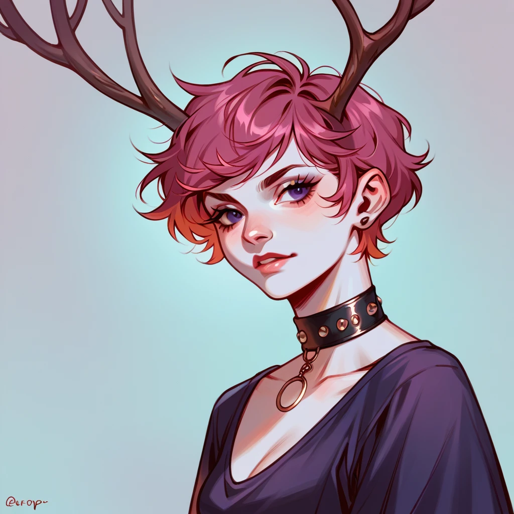 score_9, score_8_up, score_7_up, score_6_up, bg4, fierce Jackalope, antlers, short hair. purple black and fuchsia, 