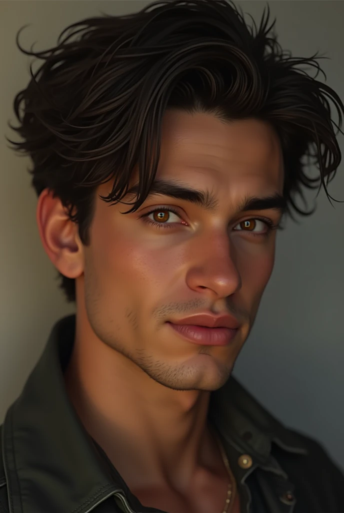 Portrait of a man in his mid-20s to early 30s with dark, thick hair, curled around the nape of his neck and falling forward to brush his equally dark eyebrows. High and wide cheekbones, A straight nose, square, firm jaw and a well-shaped mouth, a smile that curves the right side of his lips upwards revealing a deep dimple, and her eyes like cold honey