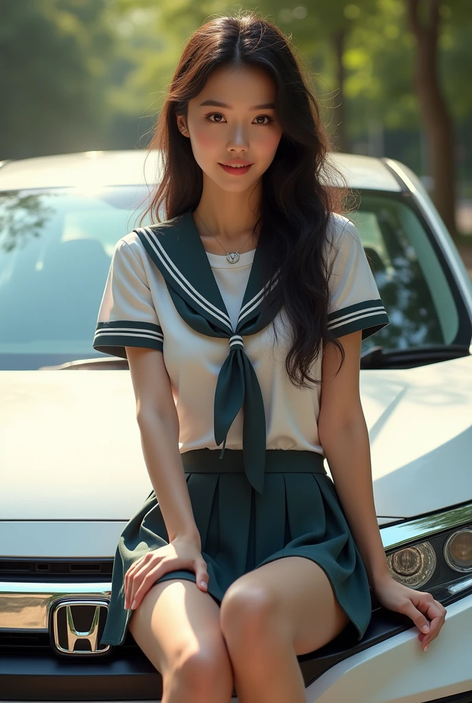 (photorealism:1.2), beautiful women, asian face like filipino beauty, wearing school uniform, , sitting at front hood of civic sir, model, relax pose, realistic, intricate details, warm colors, realistic, ultra realistic, 4k picture, textured skin, 
