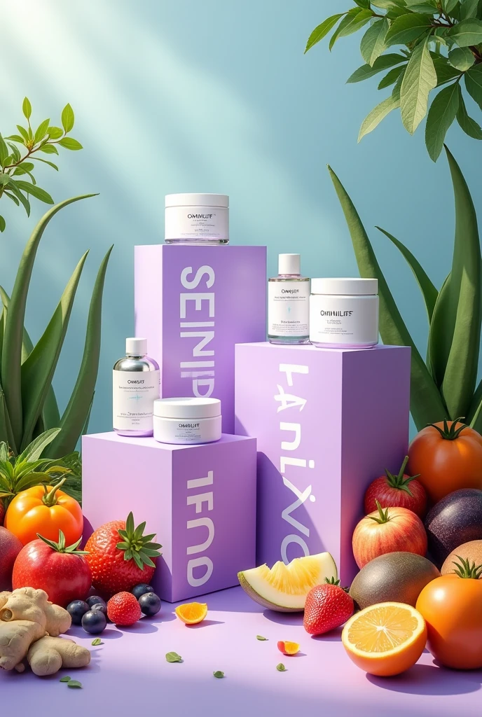 Display white and purple square boxes, with large letters OMNILIFE and fruits and vegetables around it , Seytu makeup jars and on the side aloe vera plants , ginger and clear landscape