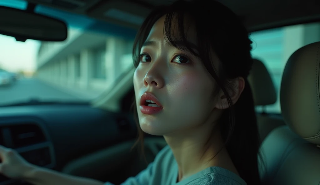 A bautiful Korean woman is crying in a car, looking up in panic, apartment parking garage, realistic lighting, cinematic style, daylight,