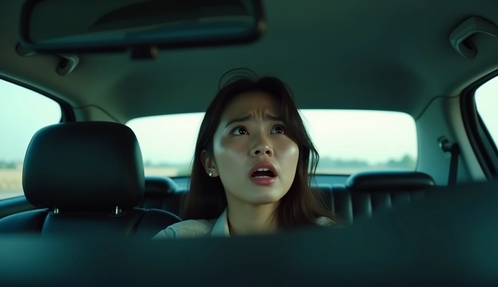 A bautiful Korean woman is crying in a car, looking up in panic, apartment parking garage, realistic lighting, cinematic style, daylight,