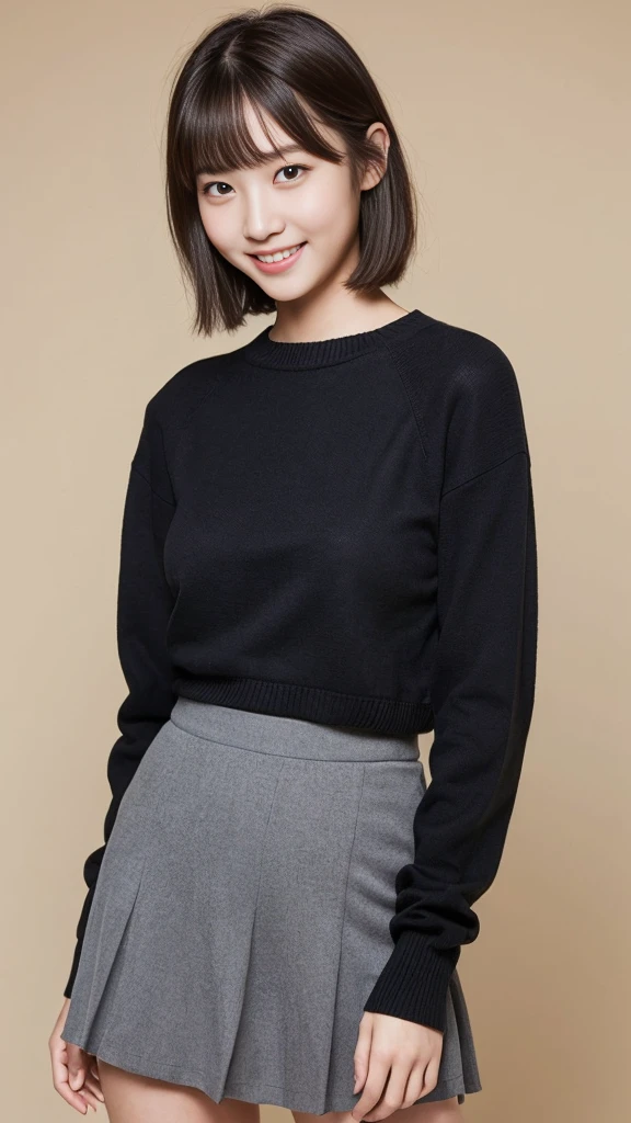 (Highest quality:1.5), (Real:1.4), (Ultra high definition:1.4), (No correction:1.4), (18 years old short Japanese girl with big breasts standing front plain background), (Short stature girl), (Asymmetrical bangs), (short hair), (Japanese school girl with long sleeve sweater and long skirt), (Long sleeve sweater), (Long skirt), (18 years old short girl with long sleeve sweater and long skirt is standing front plain background), (girl viewed from the front), (Plain background), (Cowboy Shot), (smile), (upright),