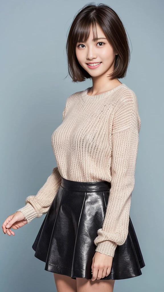 (Highest quality:1.5), (Real:1.4), (Ultra high definition:1.4), (No correction:1.4), (18 years old short Japanese girl with big breasts standing front plain background), (Short stature girl), (Asymmetrical bangs), (short hair), (Japanese school girl with long sleeve sweater and long skirt), (Long sleeve sweater), (Long skirt), (18 years old short girl with long sleeve sweater and long skirt is standing front plain background), (girl viewed from the front), (Plain background), (Cowboy Shot), (smile), (upright), 