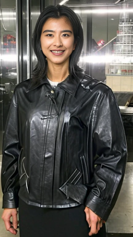 最high quality, 8k, Vibrant, Sharp focus, high quality, High resolution, Middle-aged women, Woman, 55 years old, (Whole Body Ezbian), (High heels face detail, Highly detailed eyes, Plump figure、Plump face、((big 1.6))、(((Large BreastBlack leather clothing))、Busy Street、Random Hairstyles、A kind smile、(Leather Fashion、leather jacket、Leather skirt、boots、)、