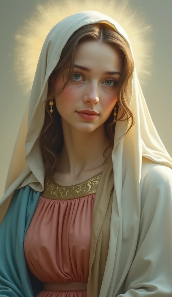 A beautiful Madonna looking directly at the camera, She is wearing a reddish beige tunic with a light blue cloak and veil.