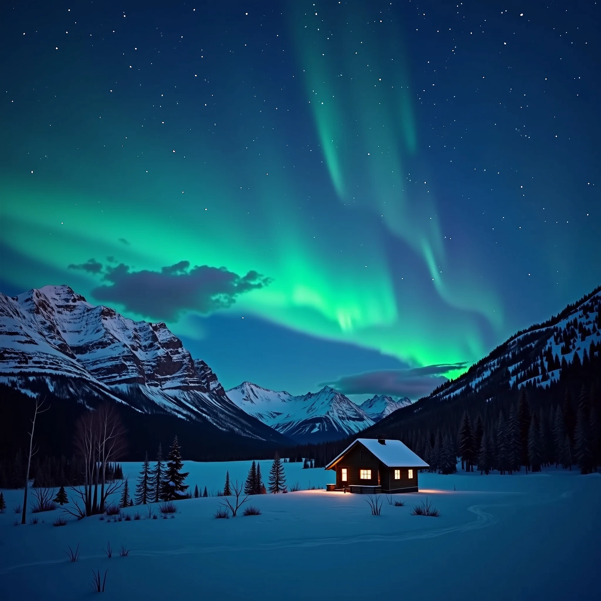 Night Sky Aurora Winter scenery Night view Mountain hut in the distance Small light