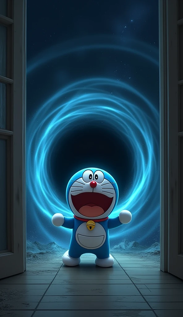 Doraemon is in the next room, a black hole sucking Doraemon, Doraemon's face is dazed and confused, not knowing what's happening 