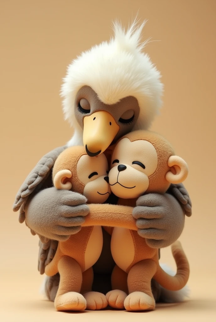 A stuffed vulture hugging a stuffed monkey with its eyes closed