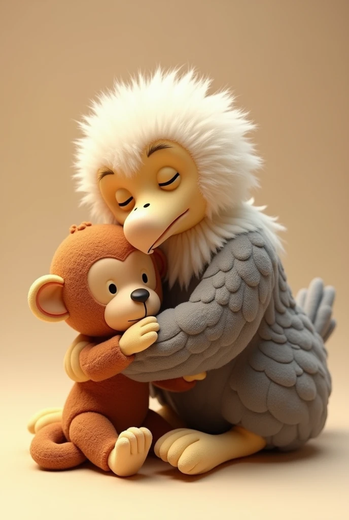 A stuffed vulture hugging a stuffed monkey with its eyes closed