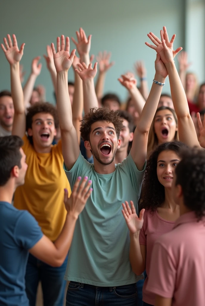 Group of young white people raising their hands