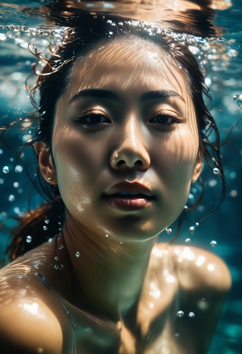 A captivating underwater photograph of a japanese woman swimming gracefully, ultra detailed, surrounded by delicate water bubbles reflecting the sunlight , realistic shadows, symmetrical face, relaxed expression, The water is clear, slight murkiness, and the play of light creates a mystical atmosphere. DSLR, 35mm f/2. 8 lens, off centre, charming and memorable, cinematic, hyper realistic, 8k
