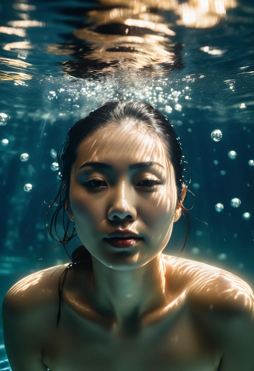 A captivating underwater photograph of a japanese woman swimming gracefully, ultra detailed, surrounded by delicate water bubbles reflecting the sunlight , realistic shadows, symmetrical face, relaxed expression, The water is clear, slight murkiness, and the play of light creates a mystical atmosphere. DSLR, 35mm f/2. 8 lens, off centre, charming and memorable, cinematic, hyper realistic, 8k