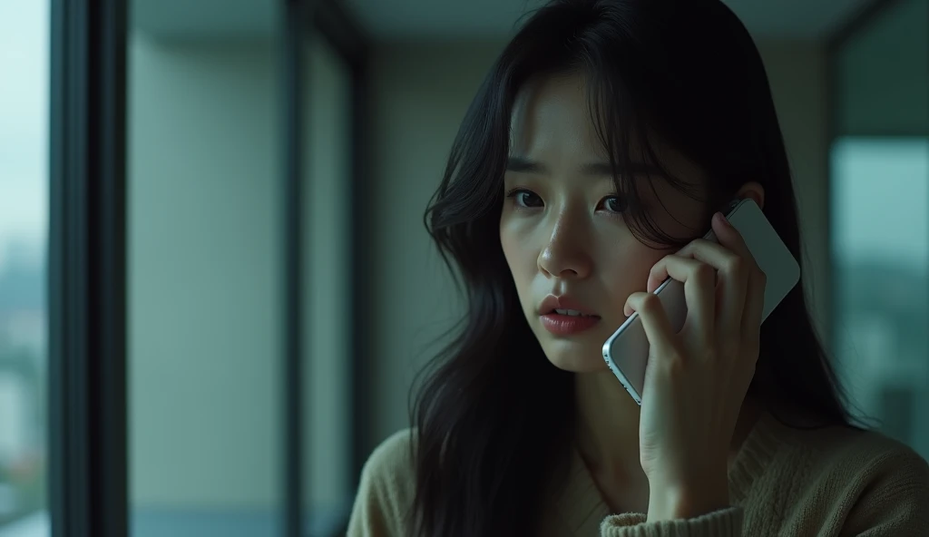 beautiful korean girl crying on the phone calling someone, in building, realistic lighting, cinema style,