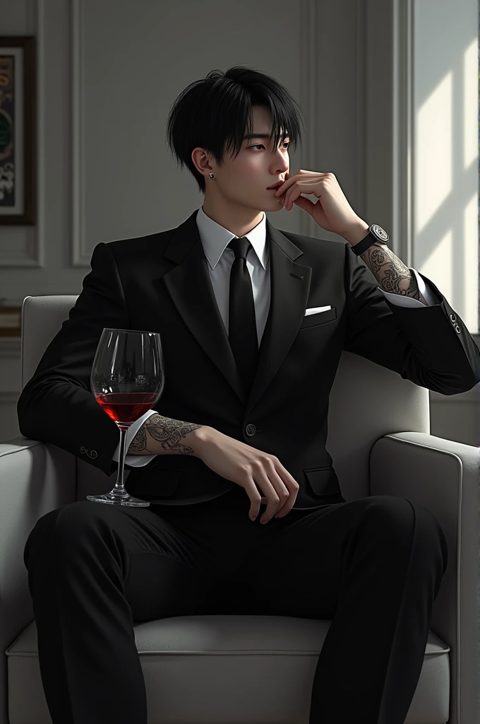 A tall boy sitting on a chair, with black hair, His skin is white and he has some tattoos on his arms, does not have piercing, sitting in a black formal suit and a glass of wine