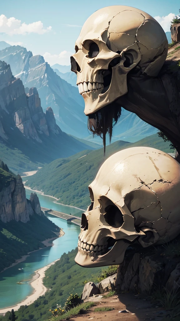 River that passes through the eyes and mouth of a giant skull that is on a mountain