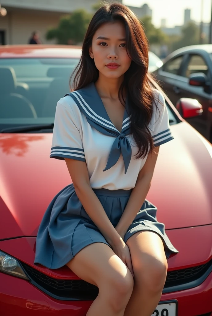(photorealism:1.2), beautiful women, asian face like filipino beauty, wearing school uniform, , sitting at front hood of civic sir, car show, whole body, model, relax pose, realistic, intricate details, warm colors, realistic, ultra realistic, 4k picture, textured skin,
