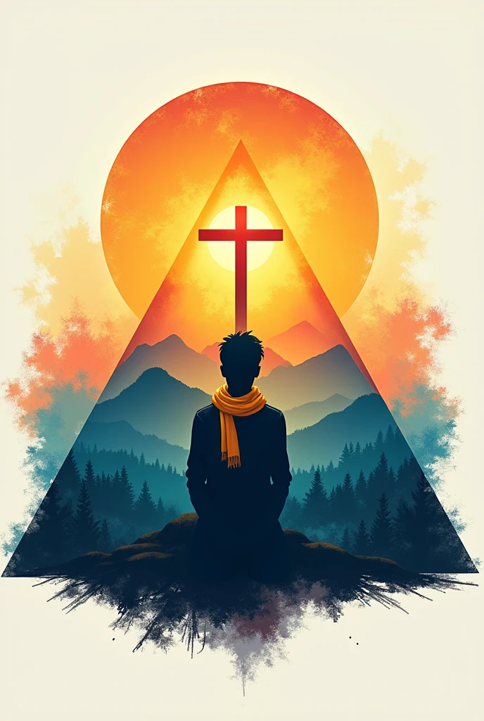 Create a logo of 1 Triangle that has a background landscape with a beautiful sun and a shadow of a cross and the shadow of a man worshipping the cross with a yellow scarf on his neck. Very bright colors 