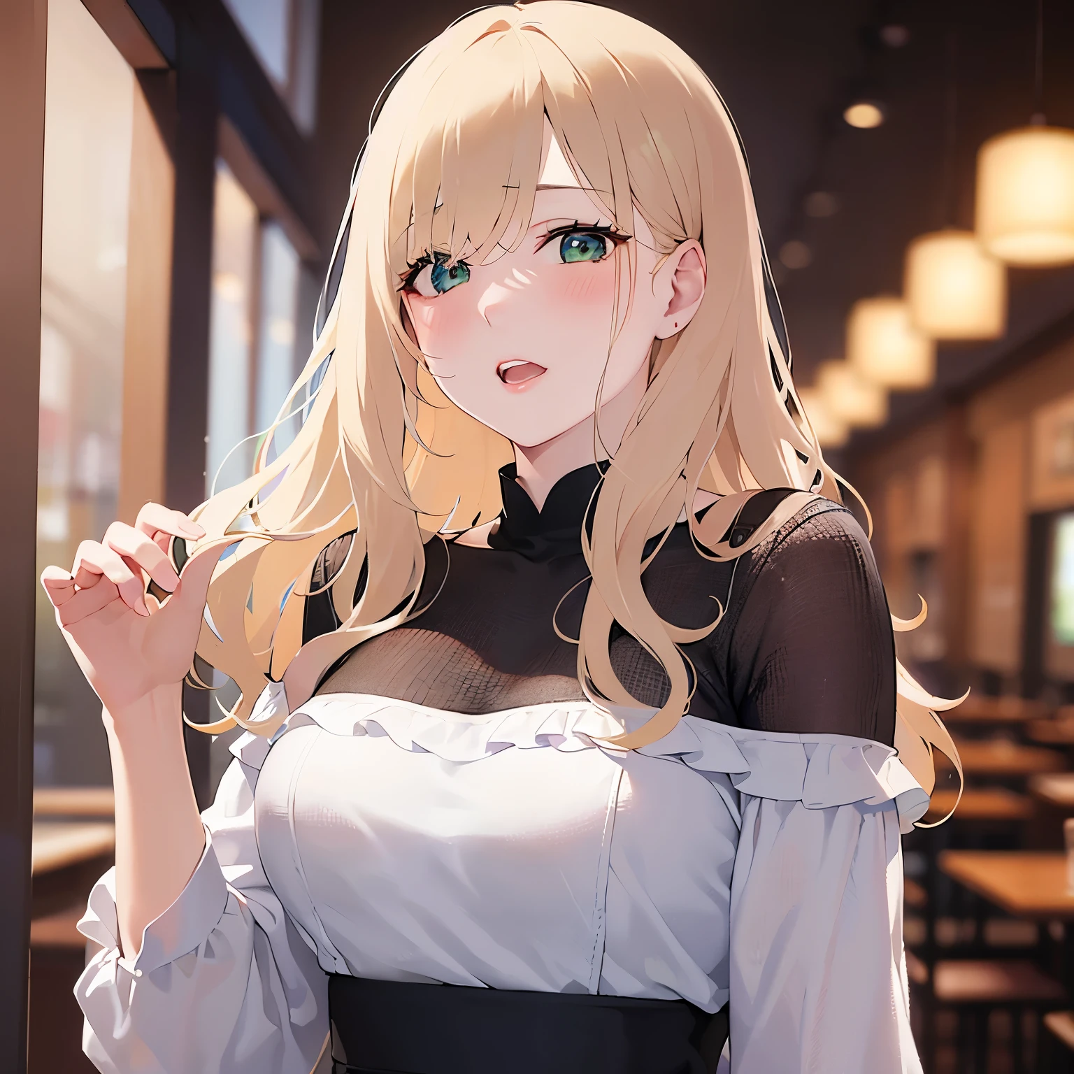 hand on own face、looking up, Upper Body, Realistic, real person, (pale skin: 1.2), RAW photo, photorealistic, shiny skin, shiny hair、(A 25-year-old woman with medium-length hair and bangs) and (wavy hair) and (Blonde Hair) and (green eyes) , (white) and (off shoulder blouse) 、open mouth, (blush:1.5), The background is the interior of a restaurant at night.、Alone、Are standing