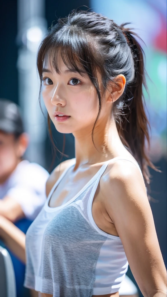 8K Masterpiece,Highest quality,(Realistic:1.2),(Upper Body:1.1),(Looking at the audience:1.3),W3T,Wet Light T-Shirt,(Beautiful Face:1.2),Long Hair,(Sweaty skin:1.2),(Scattered:1.2),A young face like an idol3people々,Small and beautiful breasts,Small areola,18歳の日本people々woman,ponytail.