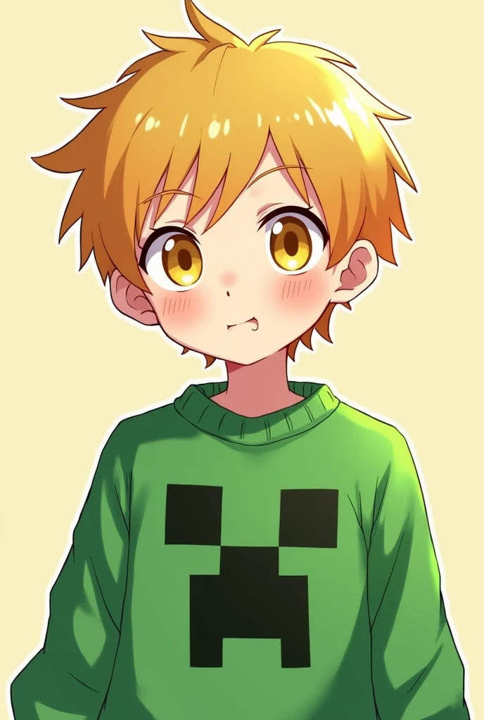 A cute anime boy with yellow eyes and yellow hair wearing a Creeper sweater. 